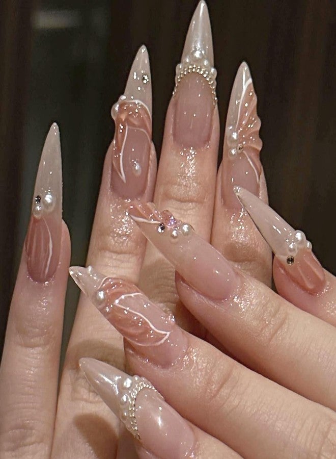 BSBTBZ 24Pcs Almond Press on Nails Medium Length 3D Fake Nails with Cute Mermaid Pearl Designs Charms Handmade Nail French Tip False Nails Press ons Summer Theme Stick on Nails for Women Manicure Decor - Image 1